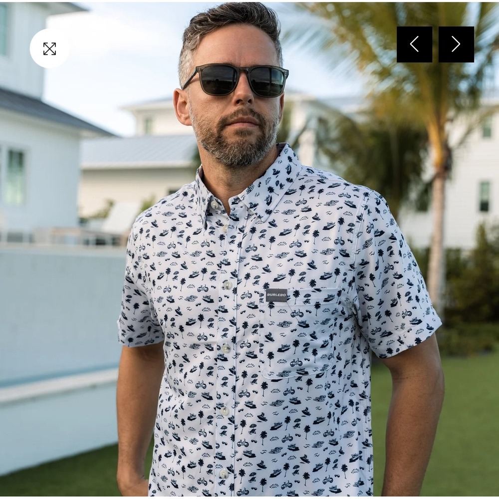 NWT BURLEBO Performance On The Water XL White Nautical Print Short Sleeve Shirt